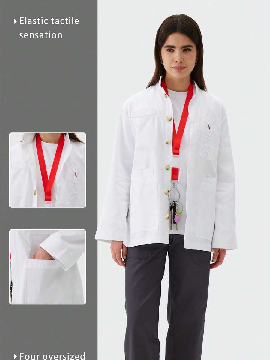 معطف متعدد الجيوب بأكمام طويلة، ملابس عمل عصرية للمختبر وصالون التجميل، ملابس خارجية كاجوال خفيفة الوزن - أبيض - مشاهدة 1