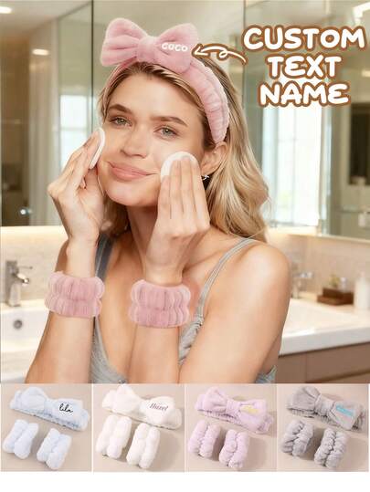 Juego personalizado de 3 piezas para el cuidado del baño con nombre, regalo ideal para amigos, novia, regalo de texto personalizado, diadema para maquillaje personalizada, diadema personalizada, coletero personalizado, paño de lavado, coletero con cierre de gancho y bucle, que absorbe la humedad, para el baño, aseo, nombre personalizado, compacto y portátil, minimalista, maximalista, unisex, casual, personalizado, personalización clara, viaje