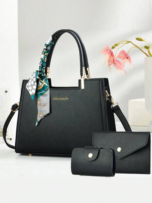3 قطع/مجموعة حقيبة نسائية جديدة مع وشاح، حقيبة يد كبيرة السعة مع جلد مزخرف، حقيبة كتف وحقيبة متقاطعة بسيطة، مناسبة للعمل والتسوق والمواعدة وعيد الأم وعيد الحب وعيد الميلاد