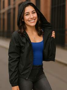 Chaqueta Cortavientos Bomber Informal con Capucha Peluche Interno para Mujer ligera de Manga Larga, con Cremallera y Bolsillos, Dobladillo Regular Moda - Negro - Ver 6