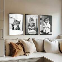 1/3pcs Modern Minimalist Abstract Art Prints, Black & White Cat Brushing Teeth, Using Toilet, Wearing Bathrobe Canvas Poster, Suitable For Bedroom, Living Room, Bathroom, Kitchen, Office Decor, Framed/Unframed Wall Art - Multicolor - View 4