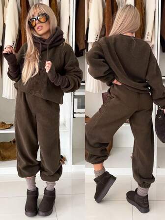 Women's Fashion Sherpa Embroidered Letter Solid Color Set