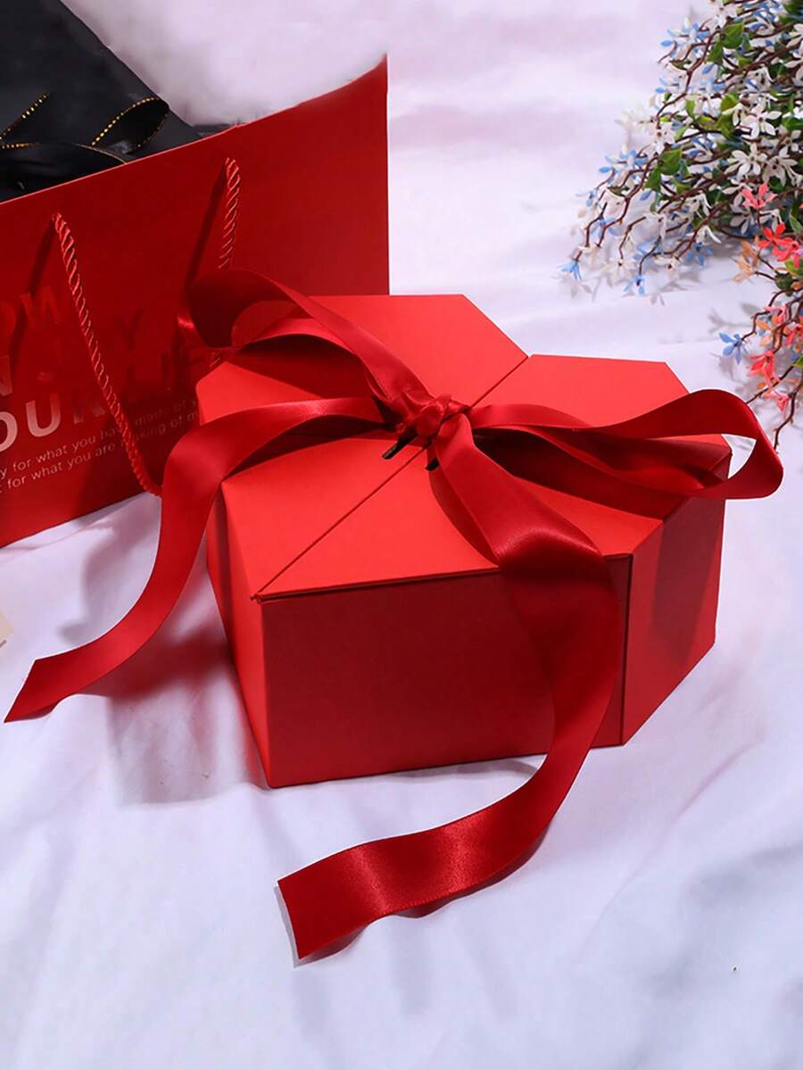 1个心形礼盒，简约红色蝴蝶结装饰纸质礼品包装盒，适用于婚礼、情人节派对、周年纪念庆祝活动 - 彩色 - 查看 1