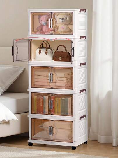 1个可折叠塑料双门储物柜，便携式衣柜，家居收纳柜，适用于客厅、厨房、浴室、卧室，可存放玩具、零食，情人节礼物