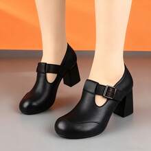 Zapatos retro de tacón medio grueso para mujer, con punta redonda y hebilla, cómodos y versátiles para uso informal. - Negro - Ver 4