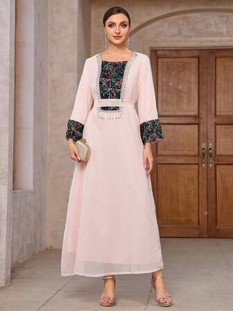 Pink Long Sleeve Sequin Arabic Style Dress