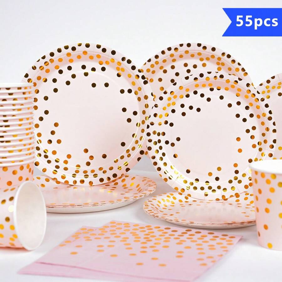 Bộ 55/25/10 món đĩa, khăn giấy, ly dùng một lần họa tiết chấm bi vàng, đồ dùng tiệc phù hợp cho 10 khách, đĩa giấy dùng một lần, bộ đồ ăn bàn tiệc phù hợp cho sinh nhật, đám cưới, tiệc gia đình, dã ngoại - Nhiều màu - Xem 1