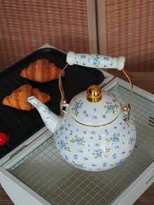 1 Set Of Fresh And Delicate Floral-Patterned Enamel Kettle With Ceramic Handle Suitable For All Seasons, Heatable (Can Be Used On Stovetops Or Other Heating Sources As Applicable) Multi-Functional: Can Be Used As A Water Kettle, Coffee Pot, Teapot, Or Cold Water Pitcher Serves As A Home Decorative Ornament An Ideal Gift For Festivals (E.G., Christmas, Spring Festival) And Birthdays For Relatives And Friends - Purple Floral - View 5