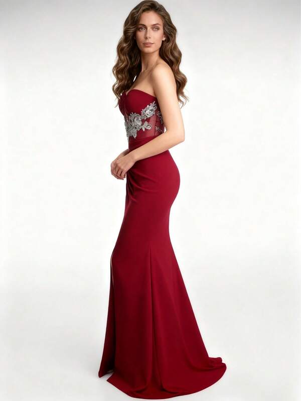 NIKBK Women's Tube Rhinestone And Sequin Birthday Party Sleeveless Sexy Club Going Out Dress High Slit Club Wear For Valentine's Day Date Night, Wedding, Formal Dinner