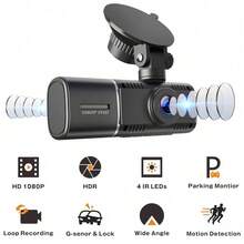 Cámara de tablero dual 1080P delantera y trasera para automóvil, bloqueo de accidentes de taxi y monitor de estacionamiento, 2 opciones de montaje, tarjeta SD de 64 GB - Negro estándar (dual 1080P) - Ver 2