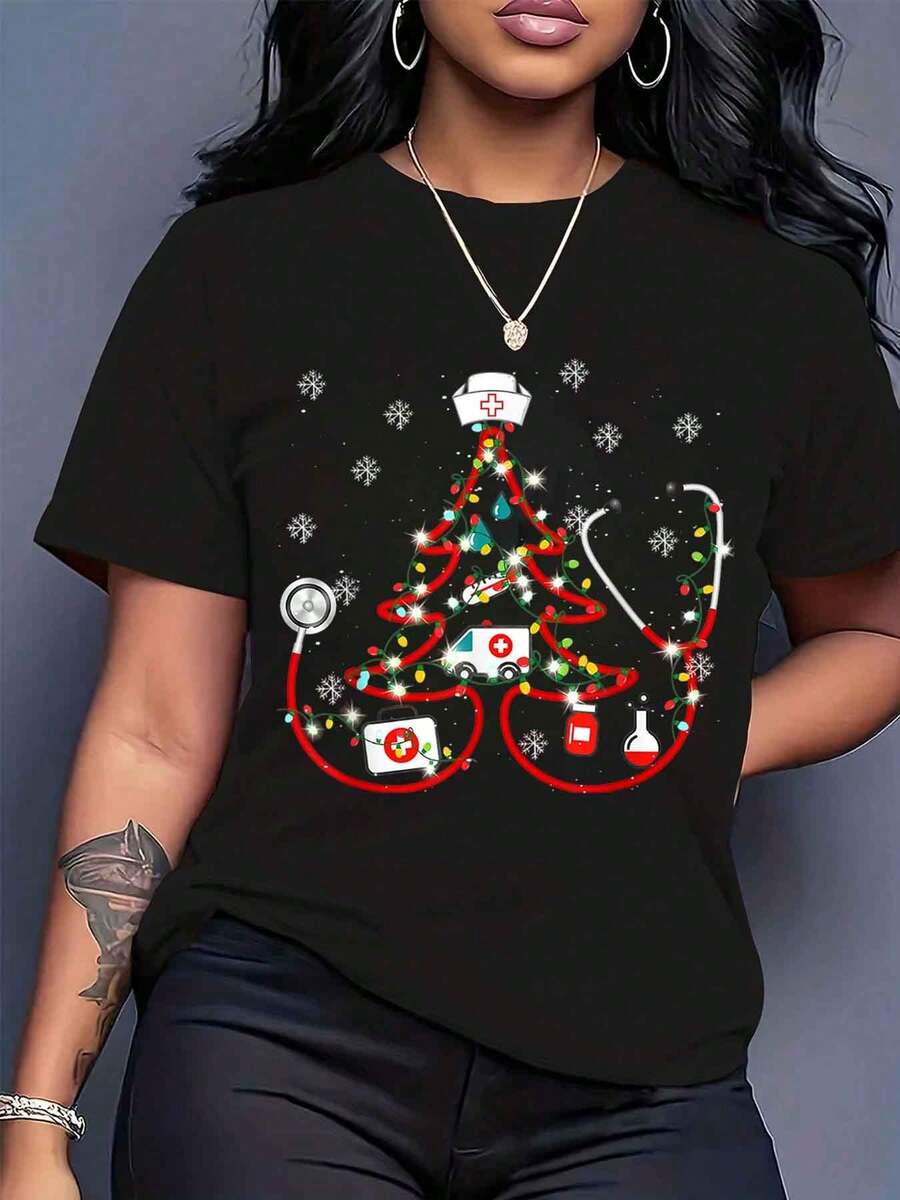 Women T Shirt Christmas Tree Nurse Design Print Short Sleeve Round Neck Casual Holiday Wear 220g - 黑色 - 查看 1