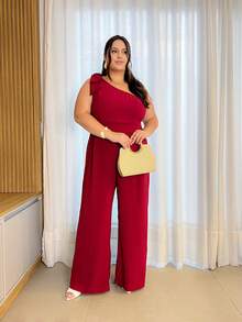 Women's Plus Size Curve Jumpsuit, Long, One-Shoulder, With Bow In Duna Print, Elegant For Parties - 紅木色 - 查看 2