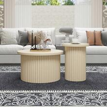 Set Of 2 Round Coffee Tables With Natural Wood Look And Wave-Shaped Structure - Integrated Side Table For Living Room, Bedroom, Study Or Office