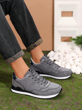 Men's Casual Shoes, Gray Shoes, Non-Slip Wear-Resistant Breathable Color Block Patchwork Formal Outdoor Lace-Up Low-Top Casual Sports Shoes, Fashionable Minimalist Style Leather Men's Sports Shoes, Running Shoes, Solid Color Low-Top Shoes, Men's Thick-Soled Shoes