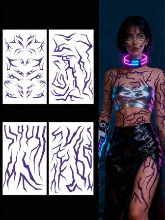 4 Sheet Kpop Arm Body Purple Lightning Tattoo Sticker Waterproof Lasting Temporary Tattoo