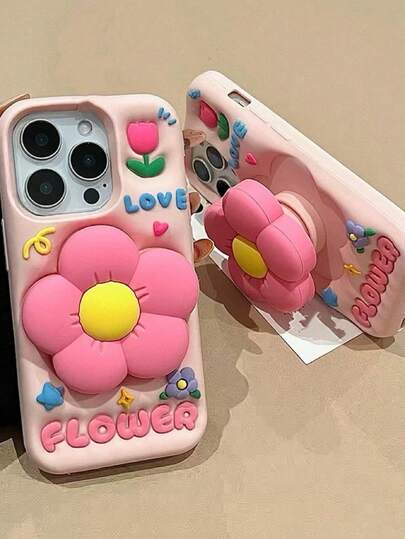 Custodia per telefono con supporto retrattile a fiore in colore rosa pastello, adatta per iPhone 16 Pro Max/15 Pro Max, creativa da influencer, femminile e carina, in silicone anti-caduta, resistente all'acqua, agli urti e ai graffi, adatta per la primavera/estate