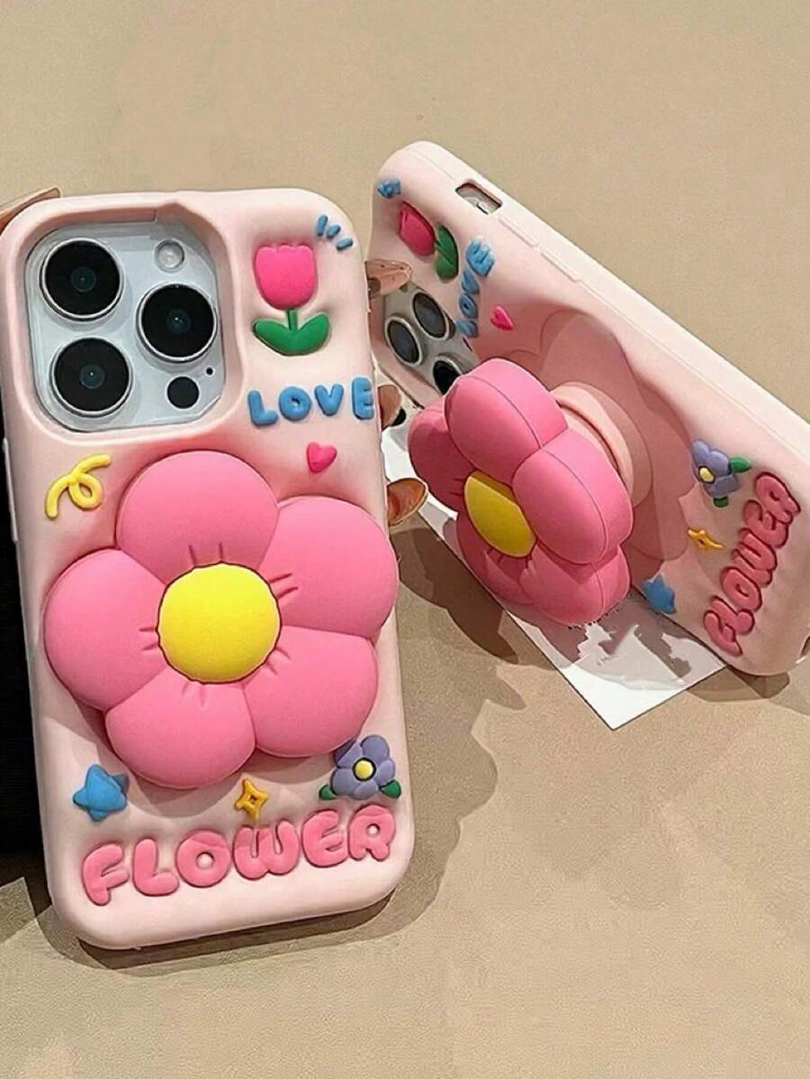 Cartoonish Pastel Pink Retractable Flower Stand Phone Case, Suitable For IPhone 16 Pro Max/15 Pro Max, Creative Internet Celebrity, Girly, Cute Silicone Anti-Drop Cover, Spring/Summer Waterproof Shockproof Scratch Resistant