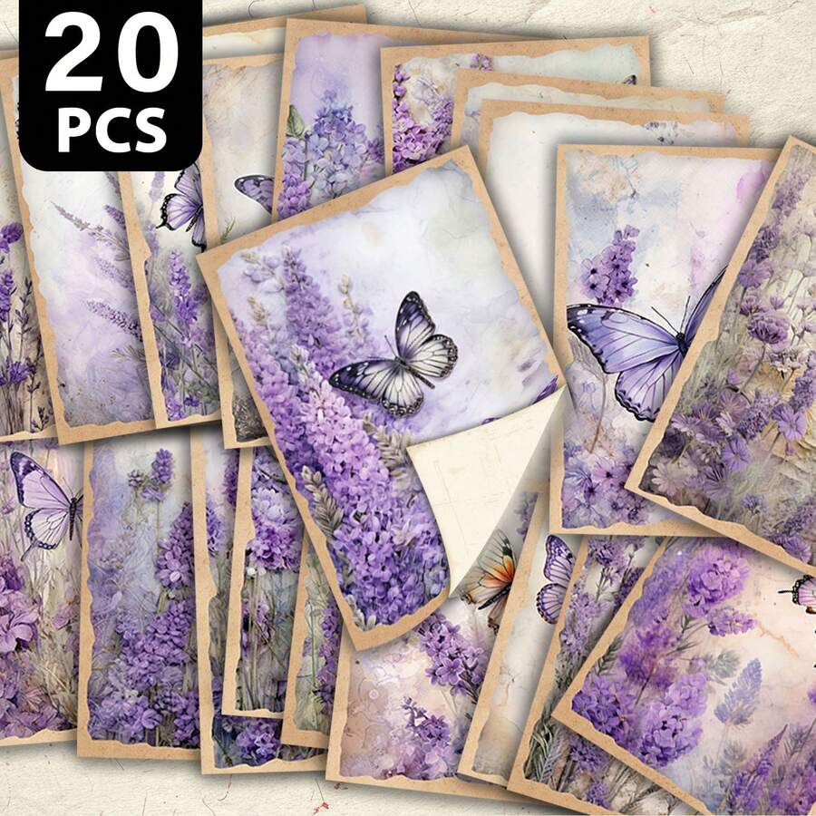 20 بطاقة بريدية قابلة للكتابة بموضوع الخزامى والفراشات، تصميم مائي رومانسي بالأزهار والفراشات، بطاقات قرطاسية ديكورية عتيقة، بطاقات تهنئة عطلات إبداعية، بطاقات بريدية طبيعية جميلة، بطاقات هدايا مكتوبة باليد، بطاقات بريدية بتوضيحات شافية