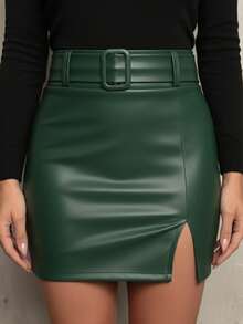 Short Faux Leather Skirt With Slit - Golden Eagle Fashion - 軍綠色 - 查看 1