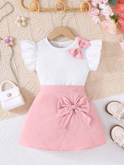2pcs/Set Young Girl Sweet Cute Ruffled Sleeve Blouse With Bow Decor Paired With Solid Color Skirt, Casual Summer Daily Outfit