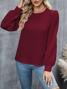 白色纹理条纹圆领主教袖衬衫，女士秋季款