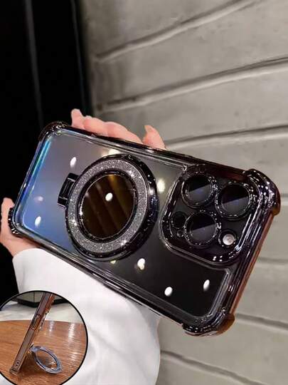 这款奢华电镀透明黑色手机壳配备化妆镜支架、磁吸指环支架，采用硅胶防震软壳，兼容 16/16e/16 Pro/16 Pro Max/16 Plus/15/14/13/12/11/X/XS/XR/8/7、Galaxy S25/S24/S23/S22/S21/A55/A54/A53/A52/A35/A34/A23/A16/A15/A14/A13/A12/A05S/FE/Ultra/4G/5G 以及 Redmi/Honor/MOTO/OPPO/Infinix 等机型。