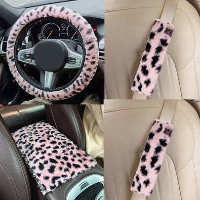 4 piezas Funda de volante, almohadilla de reposabrazos y almohadilla de hombro con estampado de leopardo y puntos negros, accesorios de interior de coche, para invierno