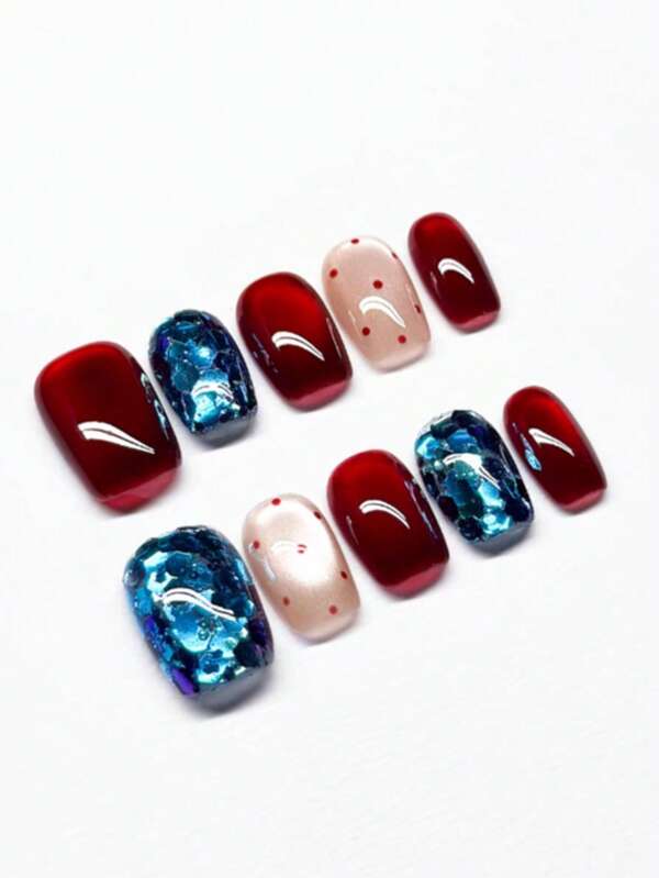 10 pièces/set Ensemble de protection rectangulaire avec sequins bleus et cristaux œil de chat rouges, tout inclus. Ensemble réutilisable Glace et Feu, 4 tailles au choix, convient aux filles/actrices, représentations sur scène, festivals, fêtes, mariages, port quotidien. Cadeau préféré, extrêmement mignon