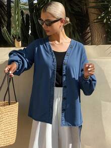 Livesso Casual Loose Button-Up Long Sleeve Denim Jacket For Women - Blue - View 3