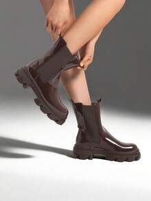 Women's Platform Chelsea Boots Lug Sole Combat Mid Calf Slip On Chunky Ankle Booties - 巧克力棕 - 查看 6