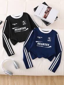 Tween Girls' Long Sleeve 2 Pieces Set, Letter Print Design, Soft Knit Fabric, Stylish & Versatile T-Shirt, Spring/Autumn