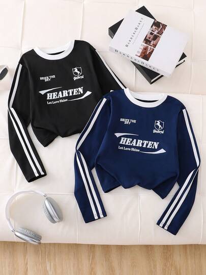 少女长袖两件套，字母印花设计，柔软针织面料，时尚百搭T恤，春秋季