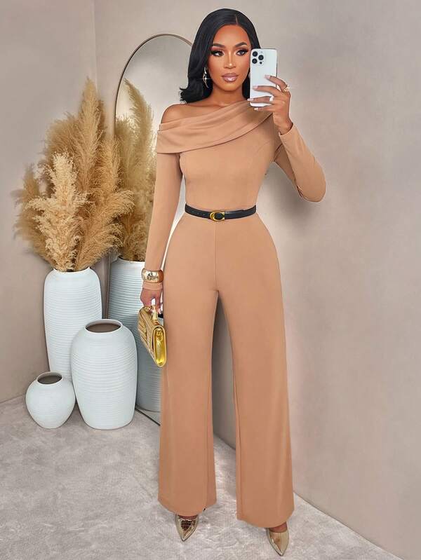 Mono de unicolor con escote hombros descubiertos, solapa, manga larga, cintura ceñida y forma de H, elegante y casual para mujer en otoño/invierno de la marca Amarilo