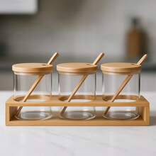 Set Of 3 Spice Jars With Bamboo Lids, 300ml, Tray, Container, Spoon, Food Storage Organizer - Mocha Brown - View 1