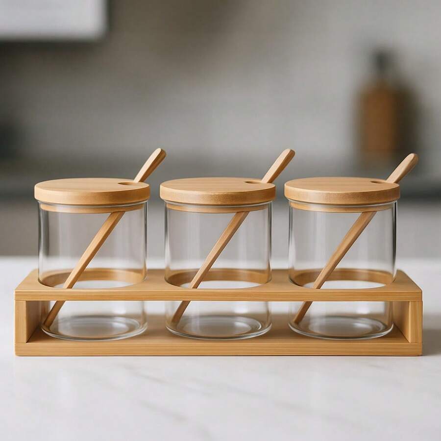 Set Of 3 Spice Jars With Bamboo Lids, 300ml, Tray, Container, Spoon, Food Storage Organizer - Mocha Brown - View 1