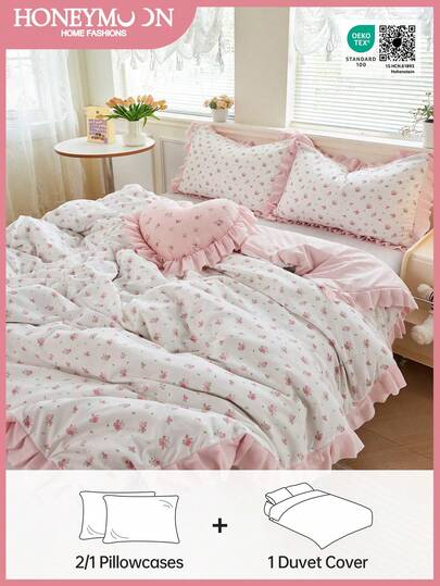 2/3 piezas Juego de ropa de cama estilo francés romántico, Juego de funda nórdica con estampado de rosas, 1 pieza Funda de edredón con 1/2 piezas Funda de almohada, Suave y transpirable, Decoración de cama elegante y encantadora para dormitorio, Se ajusta perfectamente a camas individuales, dobles, king y queen, Certificado Oeko-Tex