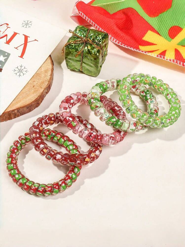5pcs Kids Christmas Telephone Wire Snowman Christmas Tree Hair Ties, High Elasticity Hair Bands, Won't Damage Hair, Christmas Hair Scrunchies - Multicolor - View 1