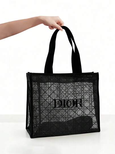 Christian Dior Women's Mesh Tote Bag, Dark Gray Transparent Shoulder Bag, Checkerboard Web Hollow-Out Shopper, Luxury Fashion Handbag​