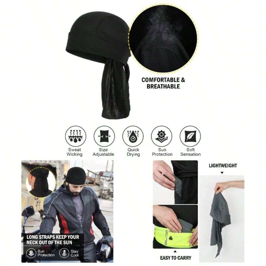 Cooling Do Rags Skull Cap Helmet Liner, Sweat Wraps Bandanas Men Running Cycling Motorcycle - One Size + Black & Black - View 1