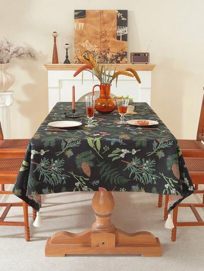 1pc Black Leaf & Fruit Pattern Rectangular Tablecloth With Tassels Decor, Suitable For Living Room, Dining Room, Party, Home Decor, Room Decor, Tabletop Decor And Holiday Gift, Multiple Sizes Available, Suitable For All Seasons, Autumn/Winter Dining Table Decor