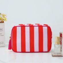 1 pieza Bolsa de maquillaje de lona a rayas con asa superior, organizador de artículos de tocador de viaje para mujeres - Neceser de cosméticos minimalista para usar en el baño o la maleta - Multicolor - Ver 14