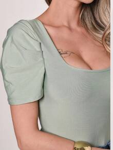 Women's Bodysuit With Square Neckline, Princess Sleeves, Spandex Fabric, Summer Fashion Style - 水綠色 - 查看 2