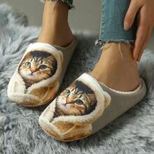 女士卡通猫咪保暖加厚毛绒拖鞋，秋冬季室内家居拖鞋 - 綠色 - 查看 3