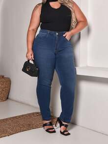 Women's Plus Size Straight Leg Jeans, Comfortable, High Waist, Basic Casual Style - Medium Wash - View 4
