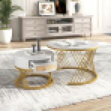 2-In-1 Round MDF Coffee Table, Side Table With Wood Top And Plastic Rattan Drawers, Solid Wood Handles, Gold Iron Legs. 70*70*45.5+50*50*38.5 - White + MDF - View 6