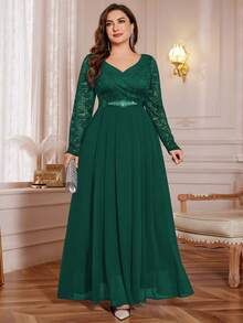 Plus V-Neck Floral Lace Contrast Chiffon Rhinestone Ribbon Waist Formal Party Long Dress, Wedding Guest Dress, For Birthday, Graduation, Homecoming - Dark Green - View 2