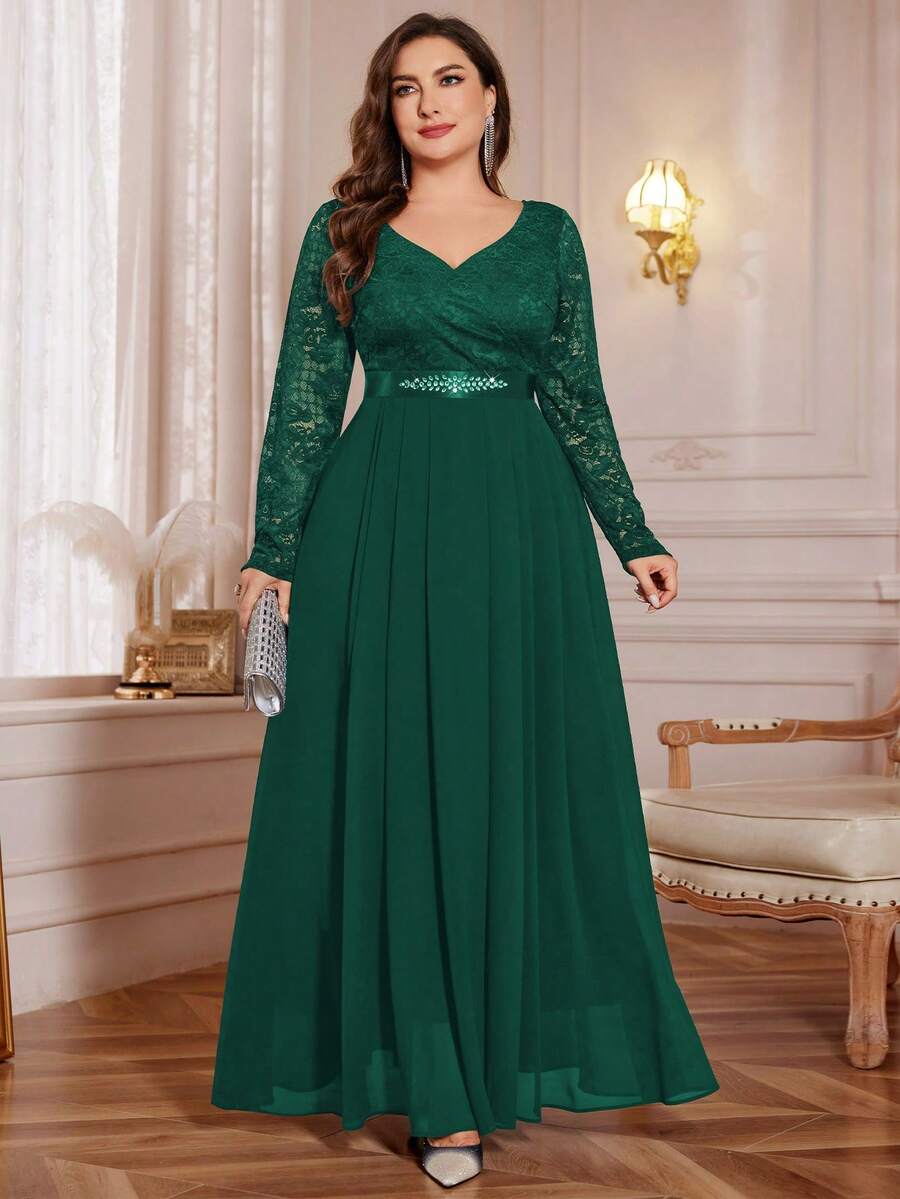Plus V-Neck Floral Lace Contrast Chiffon Rhinestone Ribbon Waist Formal Party Long Dress, Wedding Guest Dress, For Birthday, Graduation, Homecoming