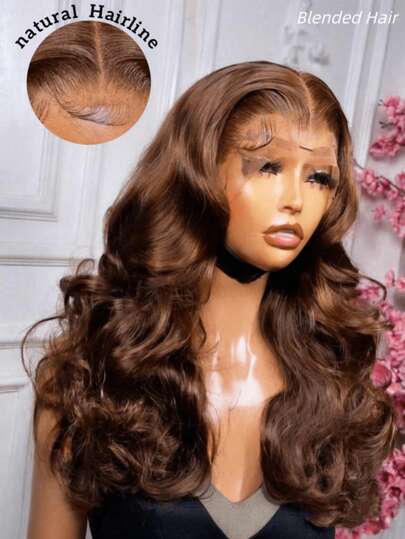 Peruca Frontal de Renda Sem Cola de Cabelo Misturado Humano com Densidade de 200%, Ondas Corporais Marrom Chocolate de 34 Polegadas, Pré-Aparada, Pré-Arrancada, Linha de Cabelo Natural 13x4 HD para Mulheres