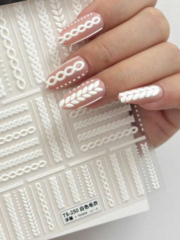 1 Sheet 3D White Knitted Sweater Nail Art Stickers - Textured Cable Braid Embossed Nail Decals For Winter Decoration Manicure Supplies