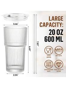 1pc Striped Glass Cup With Straw & Lid - 20.29oz/600ml, Elegant Glass Drinking Cup For Coffee, Tea, Whiskey, Milk, Iced Americano & Latte - Multicolor - View 12
